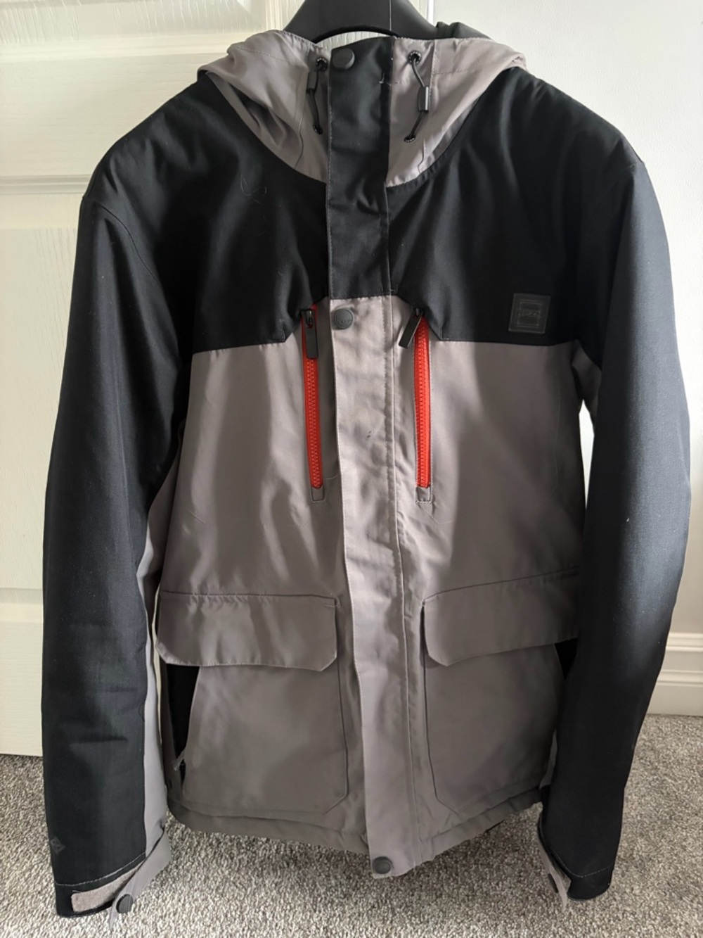 Men's Gray and Black Ski Jacket with Red Zip Accents